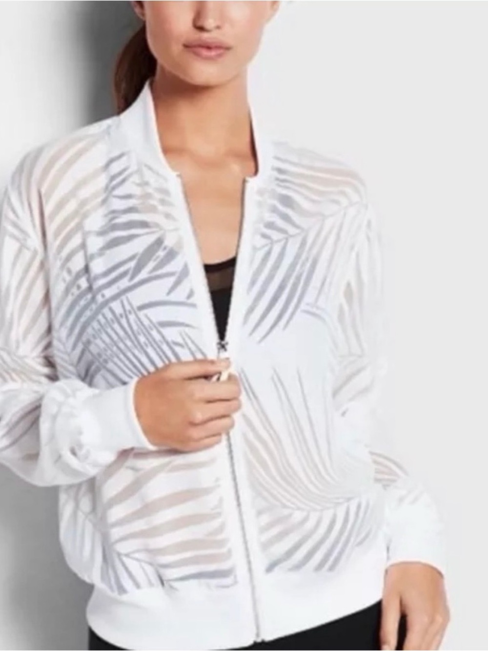 White Sheer Palm-Print Zip Bomber Jacket - Women Swim